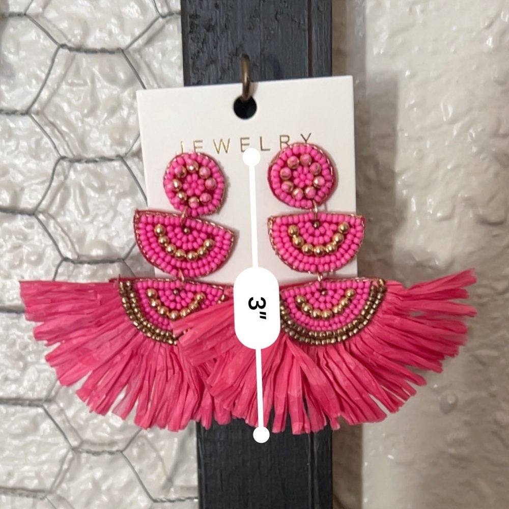 Hot pink & Gold Raffia Tiered Statement Earrings.